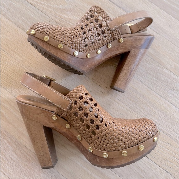 Tory Burch Widdianne Woven Leather Studded Platform Wooden Clogs. Sz 8. - Picture 2 of 5